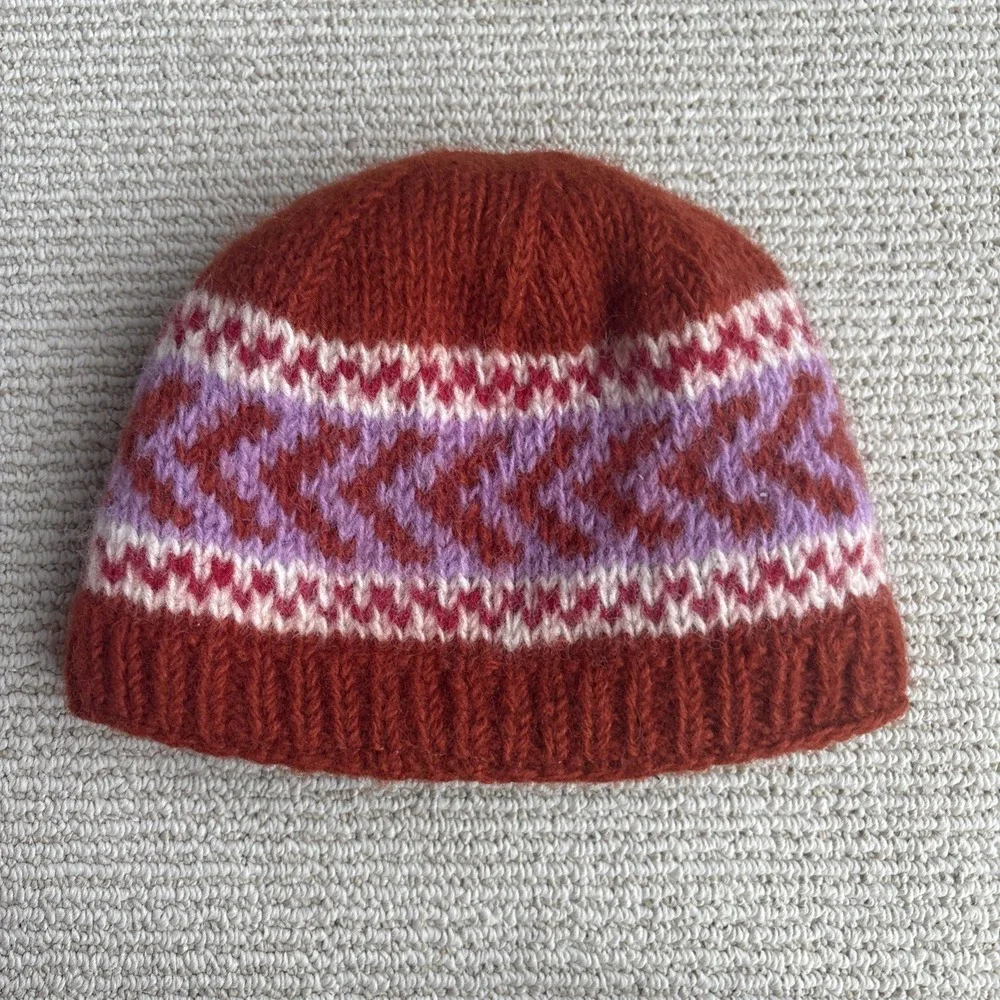 Rust Red Fair Isle Knit Beanie with Pink and Cream Accents